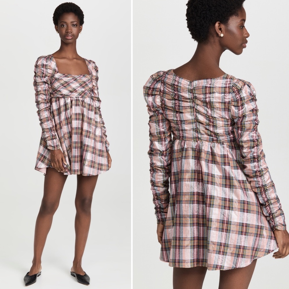 SAYLOR Yulia Babydoll Metallic Plaid Ruched Mini Dress Size XSmall